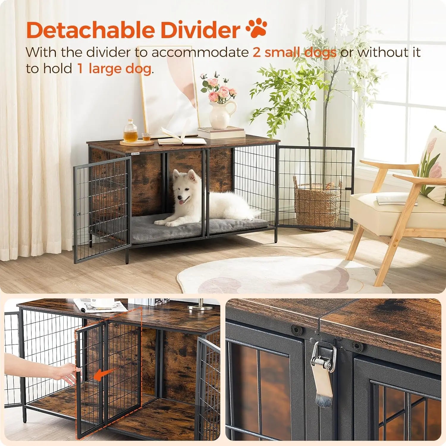 Double Dog Crate Furniture with Removable Divider, 43.3" Kennel for Small Medium Dogs, Rustic Brown Indoor Pet House End Table