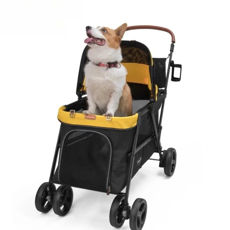 Four-Wheel Foldable Iron Portable Sport Dog & Cat Stroller Large Space Outdoor Pet Trolley Carrier for Car Travel